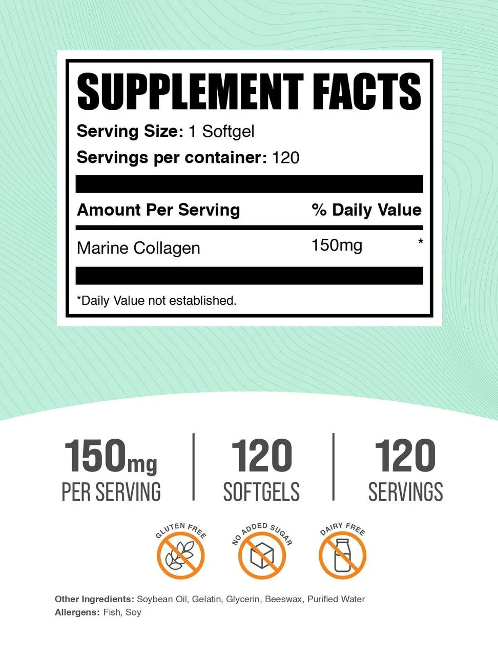 Bulksupplements Collagen Softgels - Marine Collagen Supplement, Gluten Free - 1 Softgel per Serving (150Mg), 120 Count