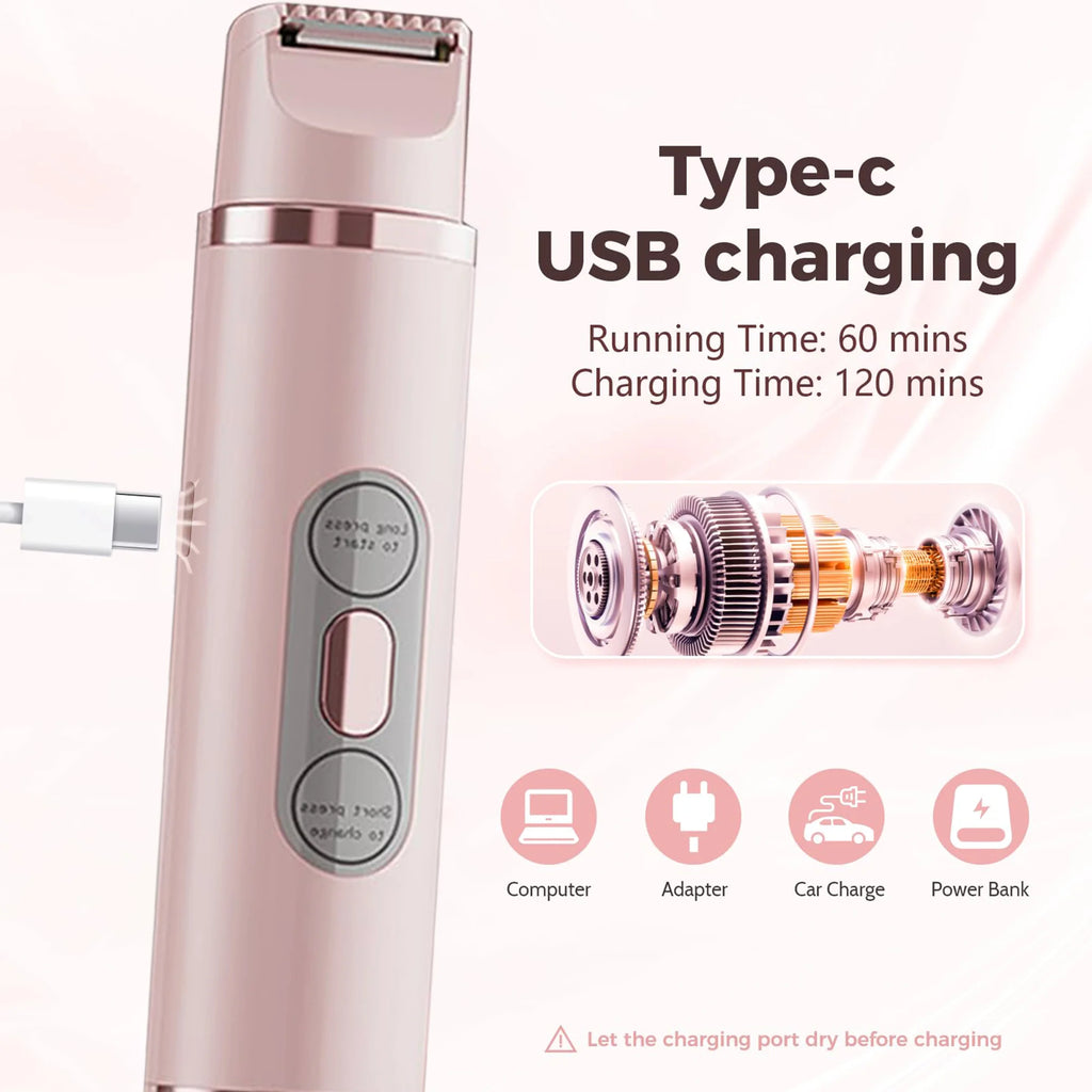 2 in 1 Bikini Trimmer for Women - Body / Facial Hair Removal for Women, Rechargeable Dual Head Electric Razor Shaver for Bikini Underarm Leg Arm Body Face, IPX7 Waterproof Wet & Dry Use