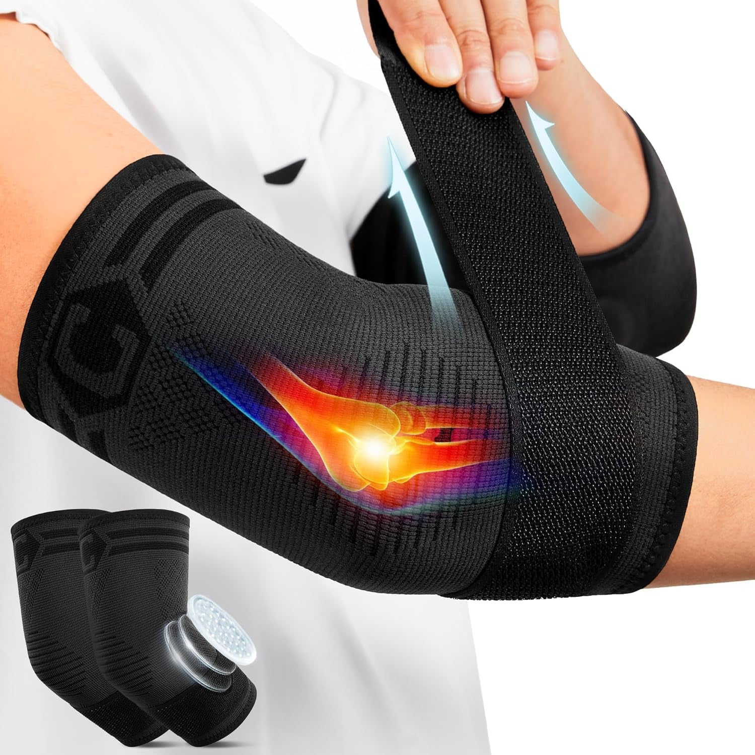 1 Pair Elbow Compression Sleeve with Removable Strap & Gel Pad for Men Women, Elbow Brace for Tendonitis and Tennis Elbow, Golfers Elbow Brace for Weightlifting, Arthritis, Workout, Joint Pain