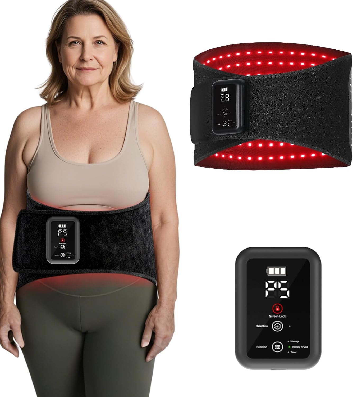 Cordless Rechargeable Red Light Therapy Belt, Wearable Infrared Light Therapy Belt with Quiet Massage & Vibration, Pulse Heating Red Light Therapy for Body, Muscle, Back, Joint Pain Relief