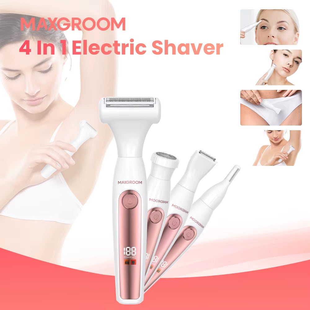 4 in 1 Body Hair Trimmer Kit for Women Electric Nose Ear Trimmer Rechargeable Razors for Groin IPX6 Waterproof Epilator