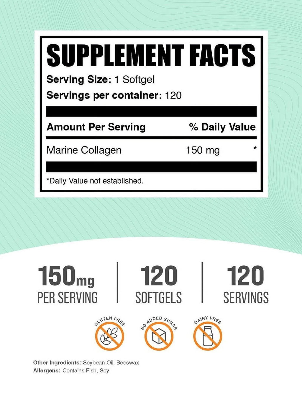 Bulksupplements Collagen Softgels - Marine Collagen Supplement, Gluten Free - 1 Softgel per Serving (150Mg), 120 Count