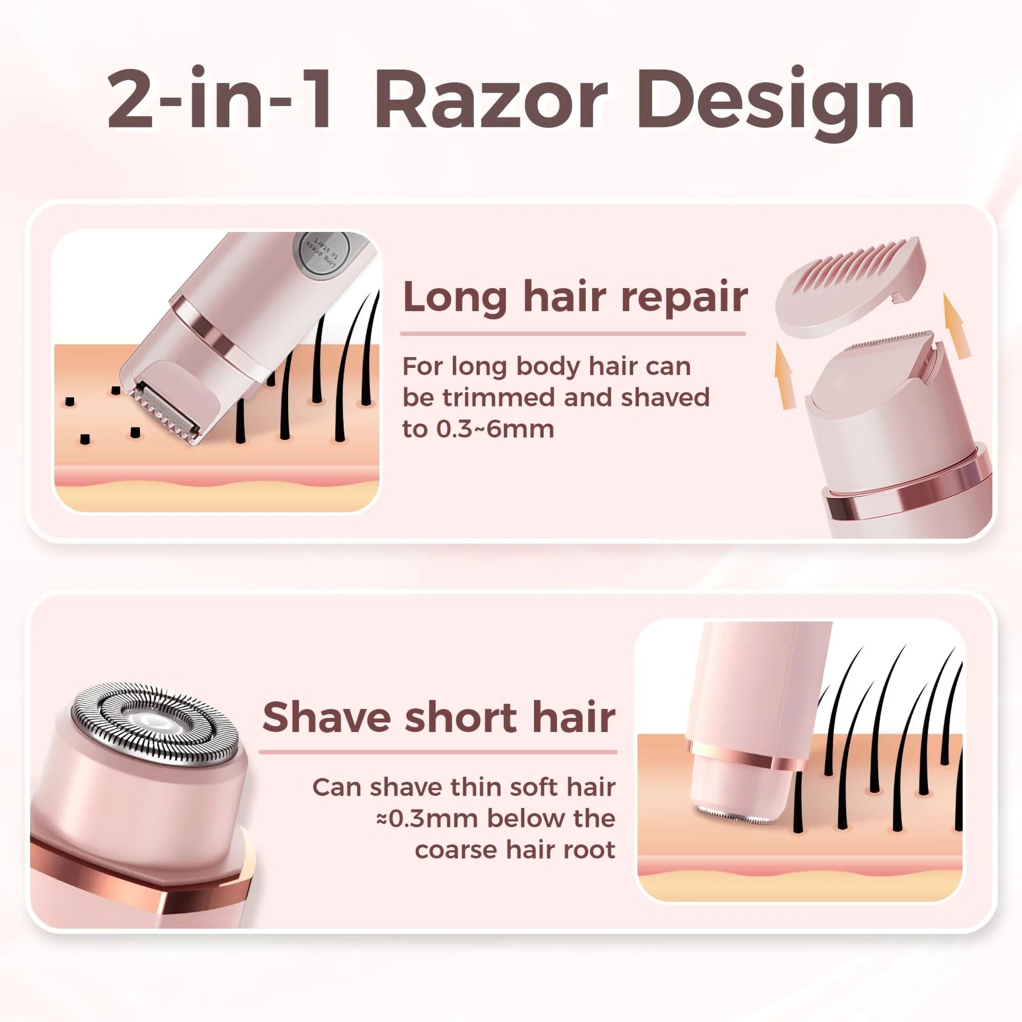 2 in 1 Bikini Trimmer for Women - Body / Facial Hair Removal for Women, Rechargeable Dual Head Electric Razor Shaver for Bikini Underarm Leg Arm Body Face, IPX7 Waterproof Wet & Dry Use